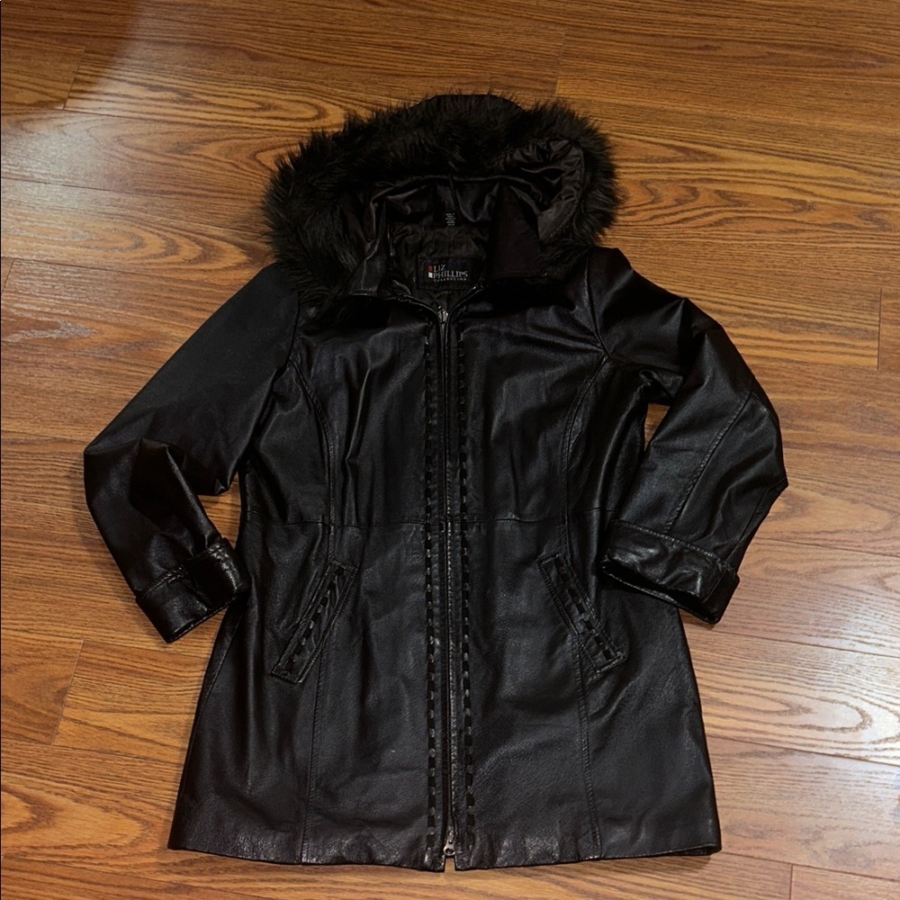 Vintage Liz Phillips Brown Soft Leather Long Coat, Faux Fur Lined Hood Women‎ S